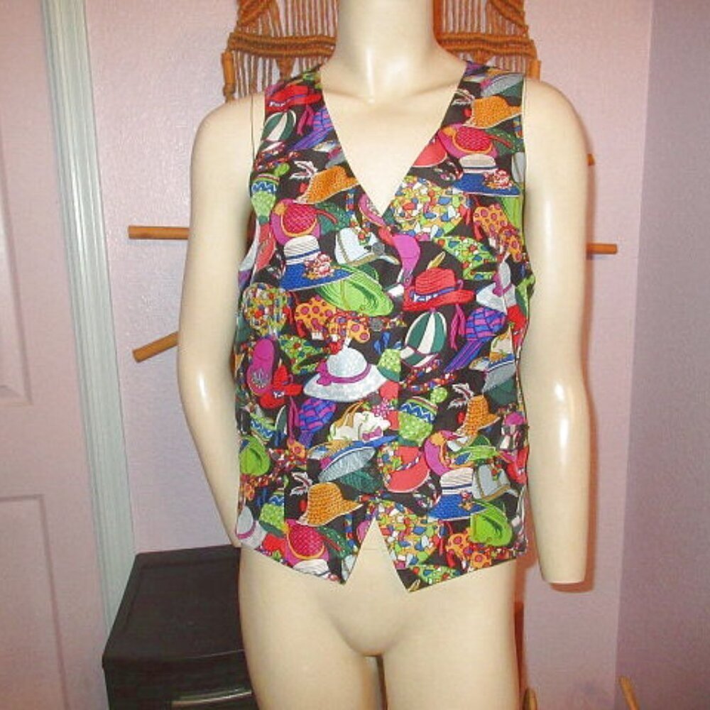 Vtg Clio Silk Vest Size S Designer Hats Artsy Novelty Hippie Retro Pop Art Boho